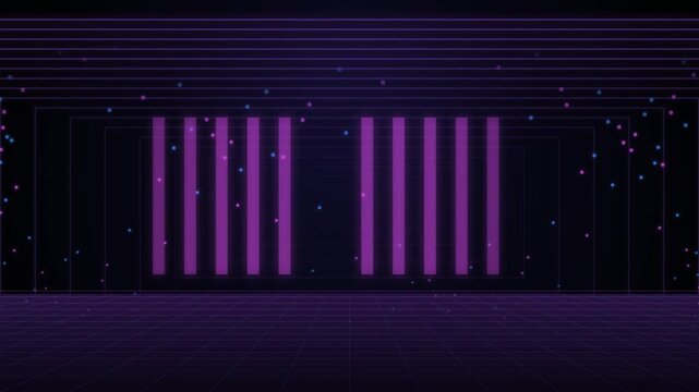 Futuristic Neon Grid Tunnel Background With Pulsing Purple Light Pillars And Floating Digital Dust