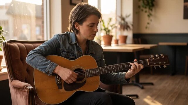 Musician Hands Playing Acoustic Guitar in Studio