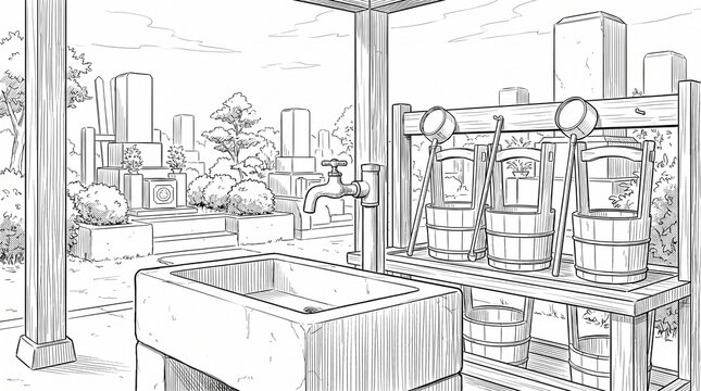 桶と柄杓が並ぶ墓地の水汲み場 白黒漫画背景