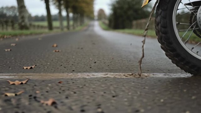 Revving bike rear wheel throwing muddy spray into puddle while moving on country lane, copy space