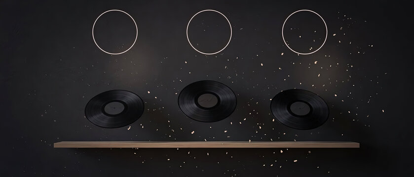 Halloween music display with black vinyl records and empty circular frames on dark wall. Retro decorative background with copy space