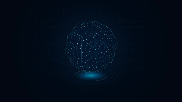 Glowing Digital Particle Sphere HUD Interface HUD Element with Data Lines on Dark Blue Background