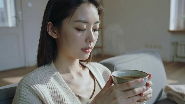 Sipping woman in ribbed cardigan holding ceramic cup on sofa steam rising urging savoring
