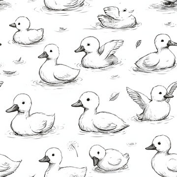 Cute Duck Seamless Pattern, Hand-Drawn Black and White Line Art