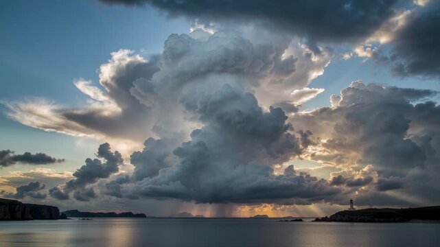 Billowing cumulonimbus cloud rim-lighting from low sun over sea, showing rain shaft, lighthouse