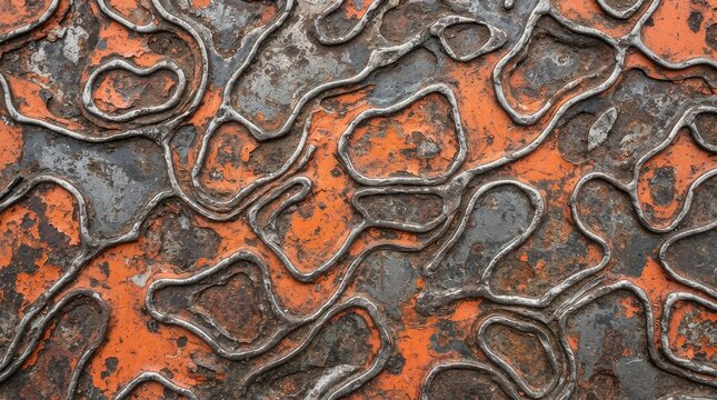 Close up of weathered orange metal surface with abstract lines