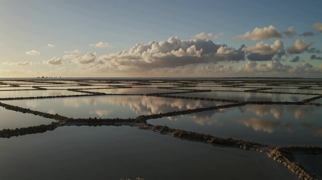 Pulling back camera revealing salt evaporation ponds on flat coastal plain, showing salt crusts