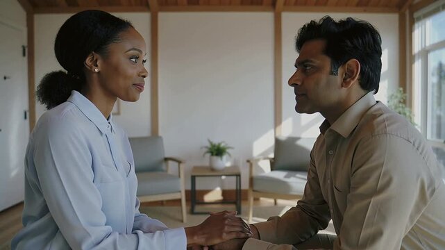 Leaning forward business-casual couple initiating talk in living room, seeking calm, holding hands