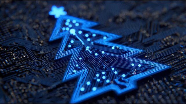 Glowing blue Christmas tree electronic circuit icon on dark motherboard with illuminated nodes (AI Generated)