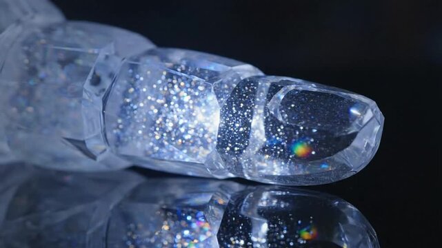 Transparent robotic finger with embedded shimmering particles and mechanical joints glowing against a dark reflective surface