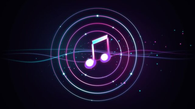 Glowing Neon Music Note Symbol With Orbital Digital Rings And Particles On Dark Abstract Background