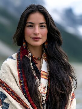 A woman in traditional M tis attire stands gracefully against the backdrop of the Canadian Rockies  showcasing cultural heritage and natural beauty