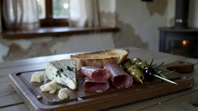 Shot opening moving camera tightening frame on board in kitchen showing blue cheese and olives