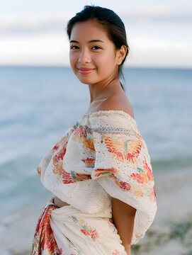 A woman in traditional Filipino Baro t Saya stands gracefully on a tropical beach with intricate embroidery and butterfly patterned blouse