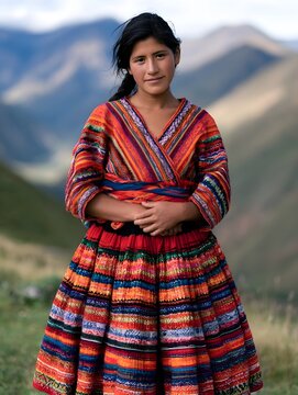 A woman in traditional Andean pollera skirt stands gracefully in the mountainous landscape of Peru