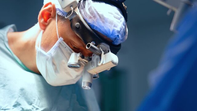 Caucasian doctor leaned over the patient at the operating table. Portrait of a neurosurgeon in surgical loupes performing procedure. Close up.
