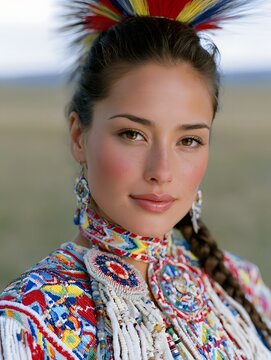 A dignified woman in traditional Native American attire stands against a vast American landscape  showcasing vibrant beadwork and a feathered