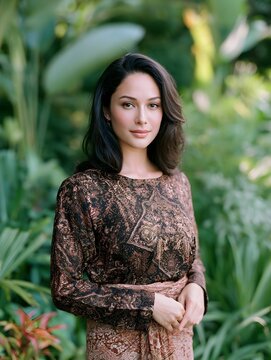 A woman in traditional Baju Kurung stands gracefully in a tropical garden  showcasing vibrant cultural attire and serene expression