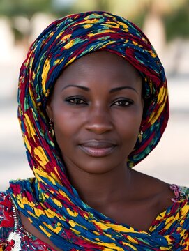 A woman in traditional Boubou attire stands confidently against Senegal s scenic landscapes  showcasing vibrant colors and intricate embroidery