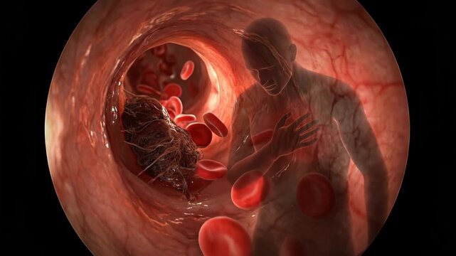 Vascular obstruction process: thrombus formation, blood vessel, human silhouette, heart pain, red corpuscle, internal danger, medical issue.