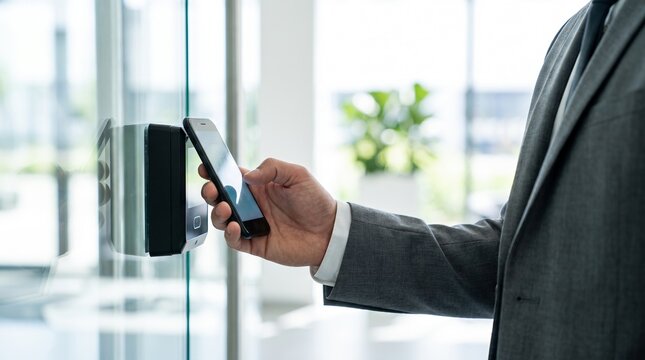 Business person using a smartphone to unlock an electronic security door sensor in a modern office building with entry