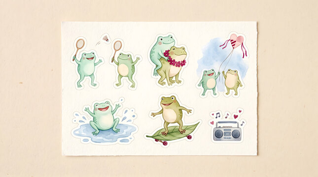 Cute watercolor frog character sticker pack mockup. Fun amphibian digital illustration set featuring frogs playing badminton, skateboarding, splashing, flying a kite, and listening to music.