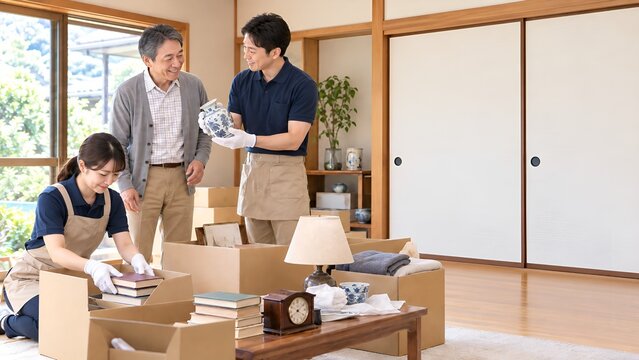 遺品整理と買取査定を相談する男性と引っ越し業者の作業風景