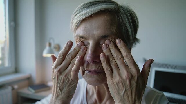 Starting with fingertips at temples, senior woman massaging eyes on bed, with white T-shirt, book