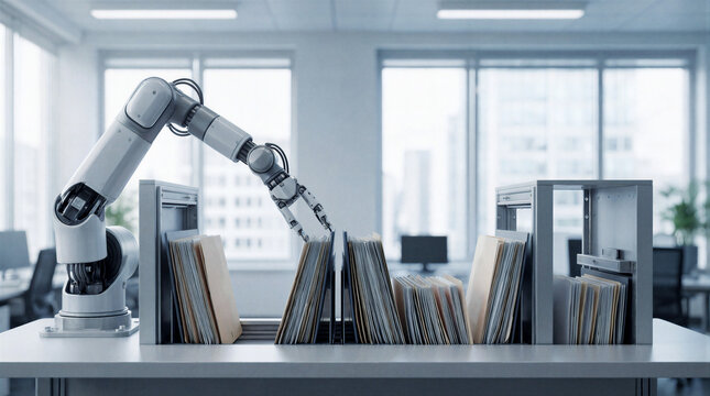 Sleek robotic arm organizing document folders in a modern automated filing system within a bright office