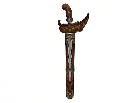 Traditional Indonesian keris dagger with wooden sheath and wavy blade