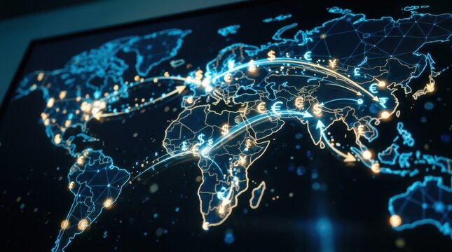 Digital cross-border payment flow with glowing currency symbols and arrows moving across a world map projection
