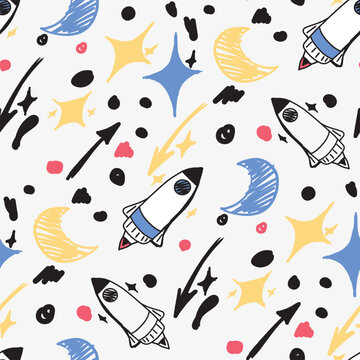 Seamless pattern with hand drawn rockets, moon, stars and arrows in space doodle style