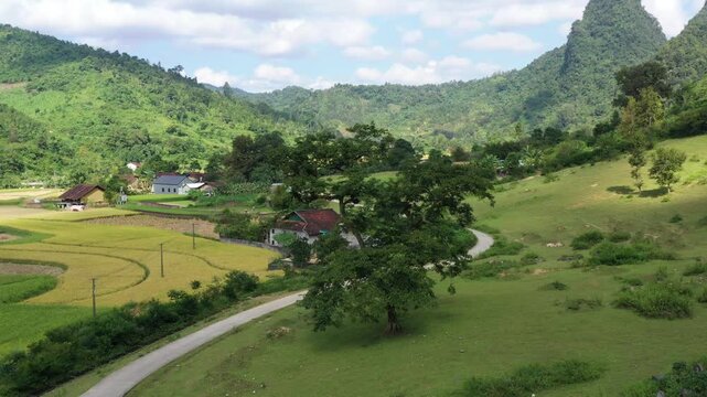 Aerial panorama of Tri Phuong village in Quang Uyen, Cao Bang, Vietnam
