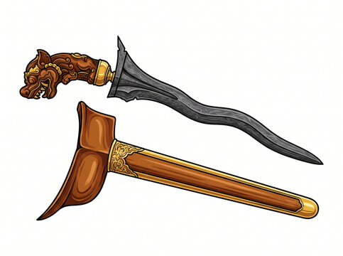Traditional Indonesian wavy keris dagger with carved wooden scabbard