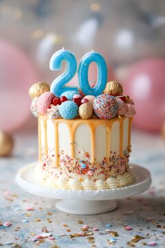 Number 20 blue candle on a birthday drip cake decorated with colorful sweets and sprinkles against a festive bokeh background