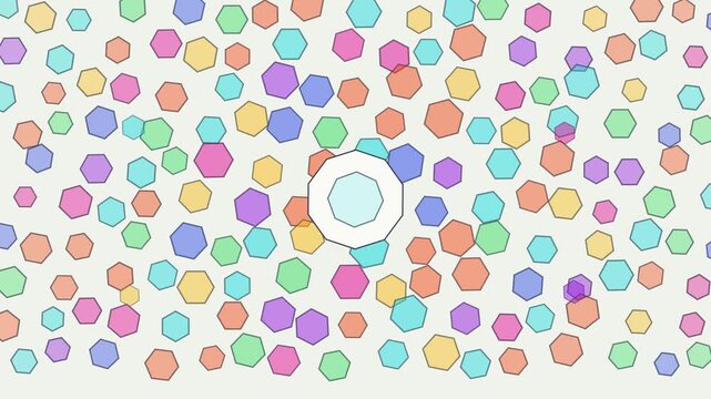 Colorful Hexagon Pattern, Multicolored Honeycomb Shapes, Pastel Geometric Tiles, White Background, Repeating Cellular Design, Playful Motion Graphics