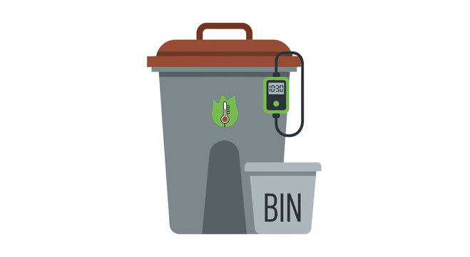 Smart Organic Compost Bin with Digital Thermometer and Waste Container Vector Illustration for Sustainable Living and Zero Waste Lifestyle