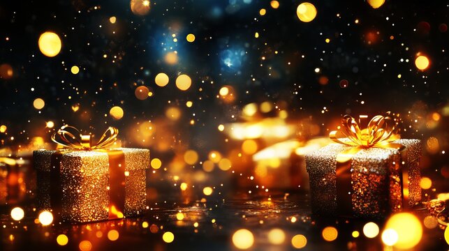 Sparkling gold gift boxes sit softly amidst bokeh lights, conveying celebratory feelings, perfect for seasonal promotions