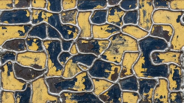 Distressed yellow and blue textured background with metal overlay