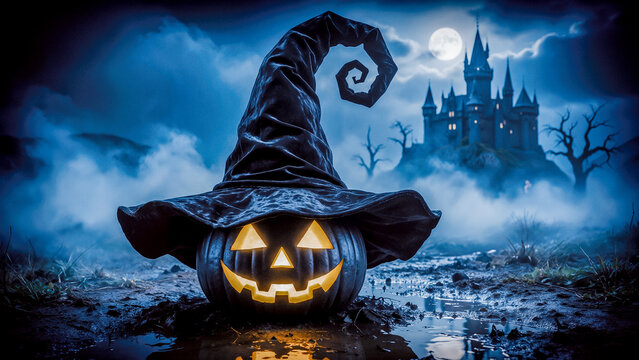 Zucca di Halloween con cappello da strega e castello nella nebbia