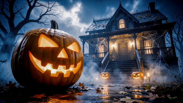 Zucca di Halloween gigante davanti a casa stregata con ragnatele e nebbia