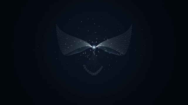 Abstract glowing digital bird network data visualization with ethereal particles flying in dark spac