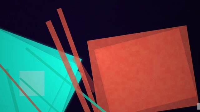 Colorful Geometric Shapes, Cyan and Coral Rectangles, Diagonal Brown Lines, Layered Modern Composition, Dark Purple Background, Dynamic Motion Graphics