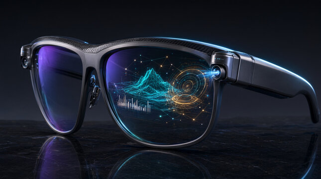 Futuristic augmented reality glasses displaying digital information overlay, tech wearable