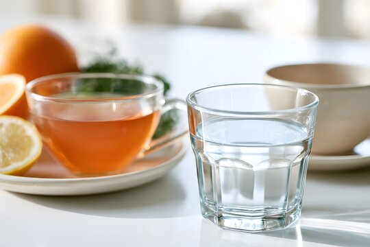 A glass of water sits beside a warm herbal tea and winter fruit on a bright table  suggesting hyd n and a healthy winter lifestyle