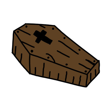Wooden coffin with cross halloween spooky casket death horror cartoon illustration vector graphic design element