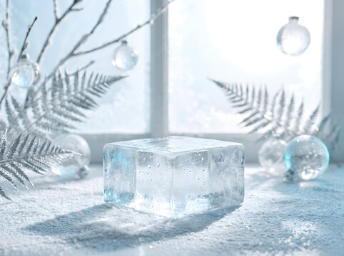 Empty square ice block podium for elegant product presentation on snow with silver fern leaves glass baubles and bright glowing cold winter window background
