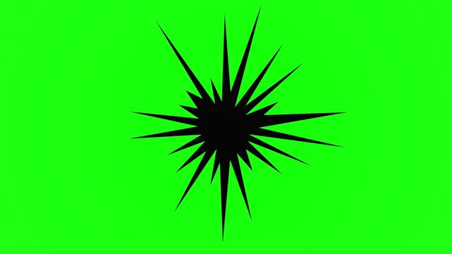 Black Spiky Starburst Shape, Sharp Radial Explosion Symbol, Bold Comic Impact Effect, Bright Green Chroma Key Screen, Dynamic Transition Graphic