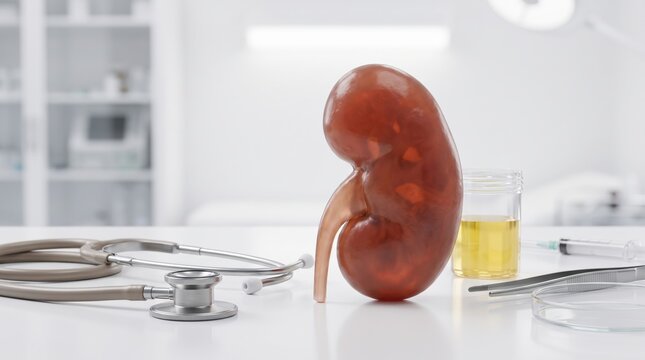 3D illustration of human kidney anatomy model on medical table with stethoscope and urine sample