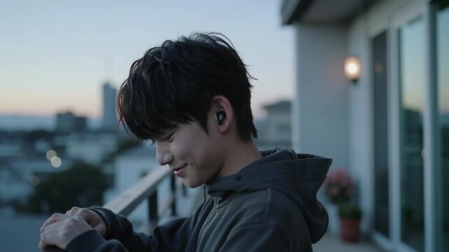 Turning hooded man with earbuds leaning on rail shifting gaze to camera on balcony, engaging camera